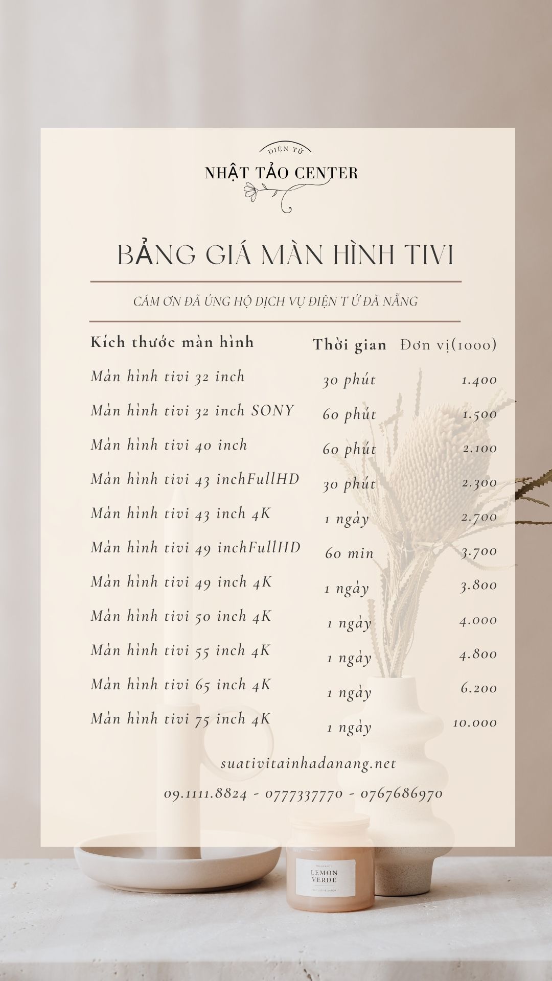 BẢng GiÁ MÀn HÌnh Tivi ĐiỆn TỬ NhẬt TẢo