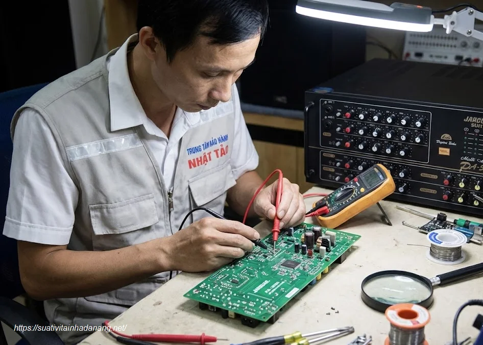 Sửa Chữa Amply Jarguar Tại Đà Nẵng – Khôi Phục Chất Âm Hàn Quốc Đỉnh Cao 4 Kỹ thuật viên Nhật Tảo Center đang tra cứu sơ đồ mạch và kiểm tra thông số kỹ thuật
