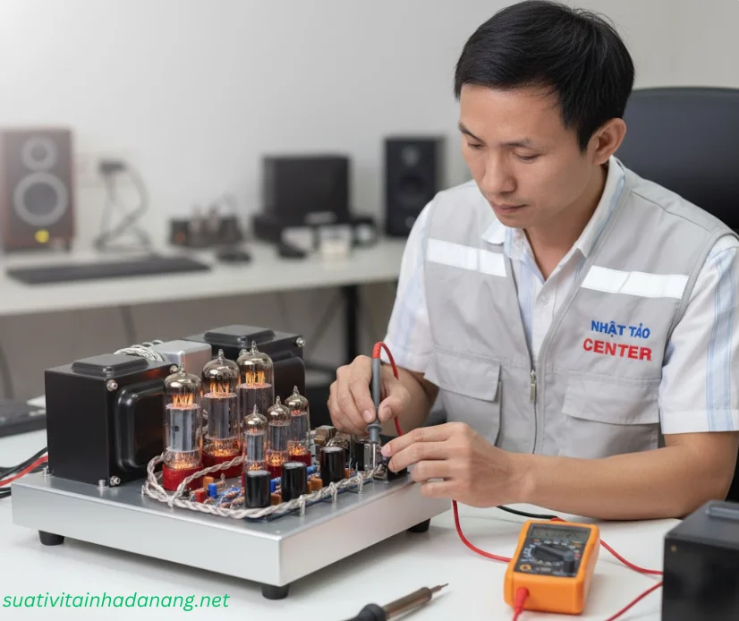 Kỹ thuật viên Nhật Tảo Center sử dụng đồng hồ đo cân chỉnh dòng Bias cho Amply Luxman