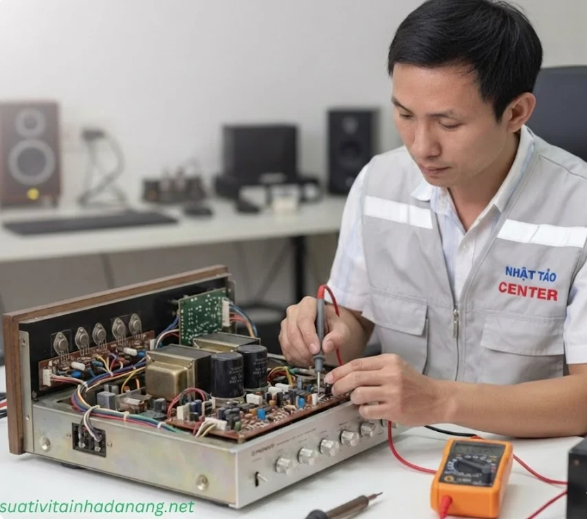 Kỹ thuật viên đang đo đạc kiểm tra bo mạch bên trong một chiếc amply Pioneer