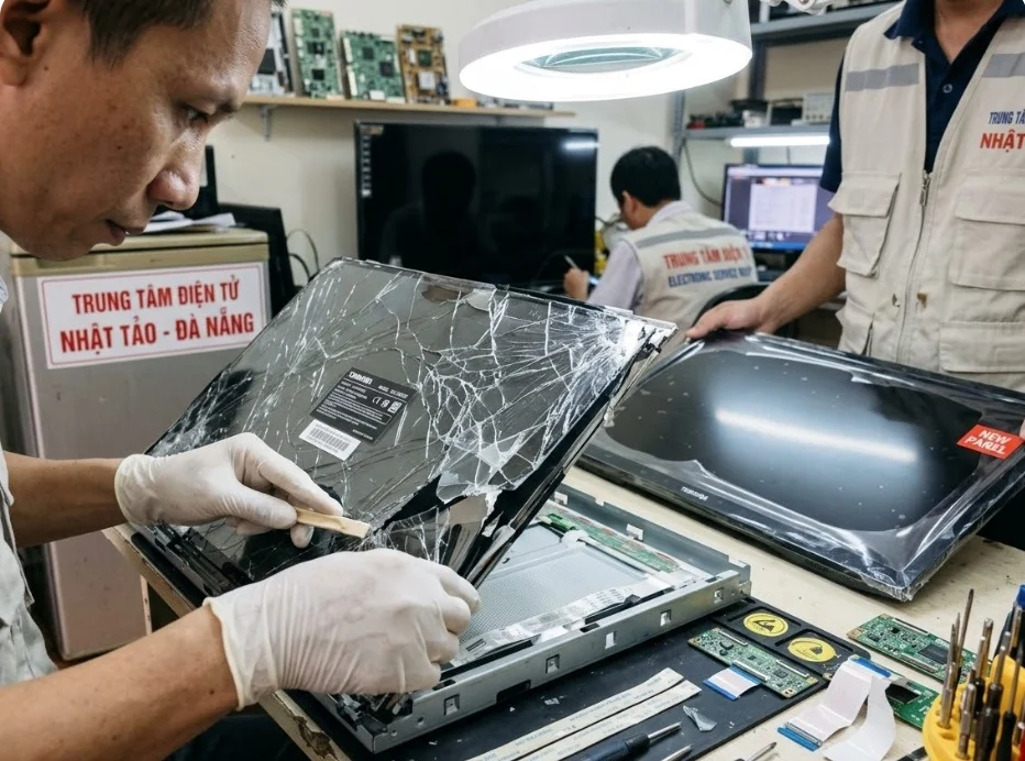Cận cảnh quá trình bóc tách và thay thế panel màn hình tivi Toshiba bị vỡ nát tại xưởng Nhật Tảo Center