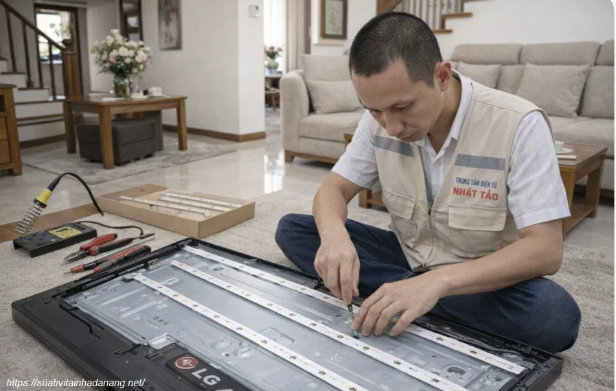 Kỹ thuật viên Nhật Tảo Center đang kiểm tra và thay dàn đèn LED mới cho tivi LG 49 inch tại phòng khách của khách hàng