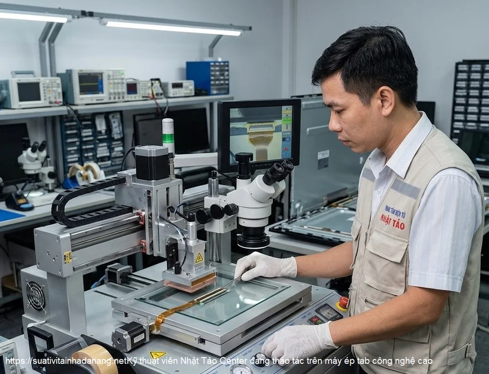 Kỹ thuật viên Nhật Tảo Center đang thao tác trên máy ép tab công nghệ cao