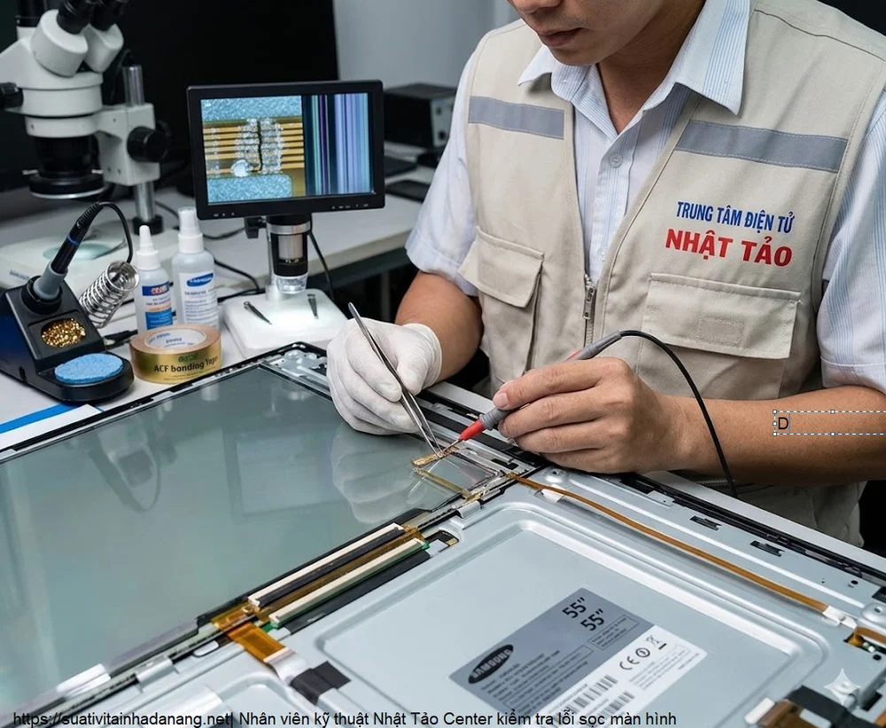 Nhân viên kỹ thuật Nhật Tảo Center kiểm tra lỗi sọc màn hình