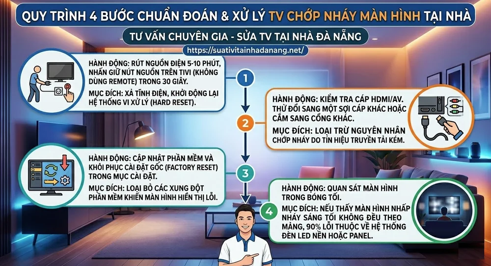 Quy trình 4 bước chuẩn đoán và xử lý ti vi chớp nháy tại nhà