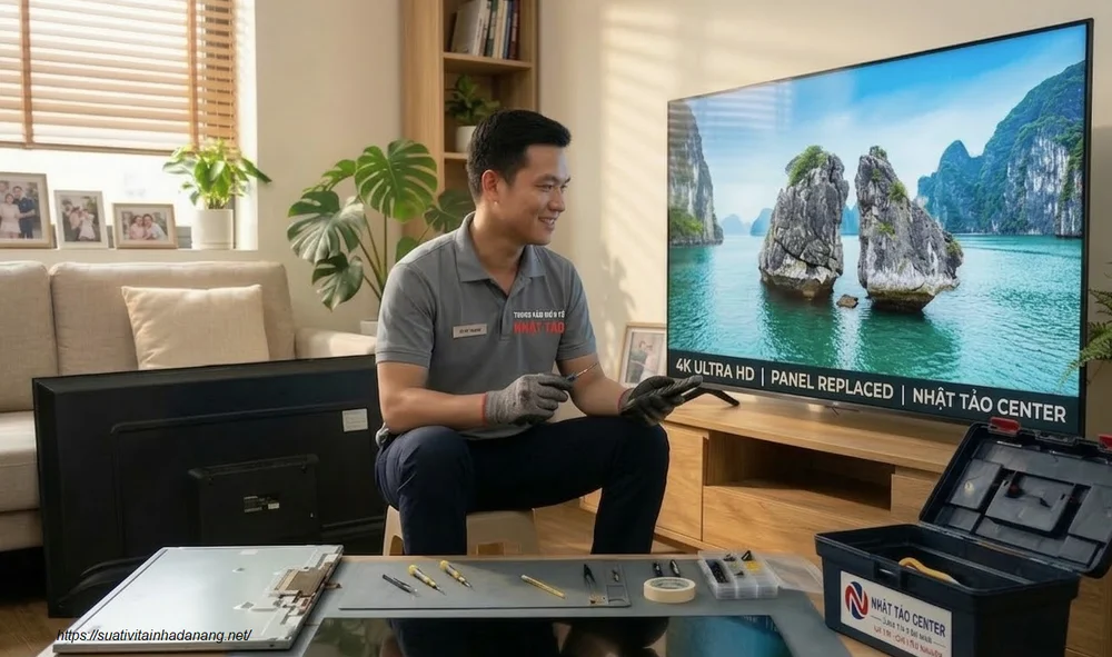 kỹ thuật viên Nhật Tảo Center thay tấm nền tivi sau đó ti vi đã rõ độ sắc nét của màn hình sau khi thay