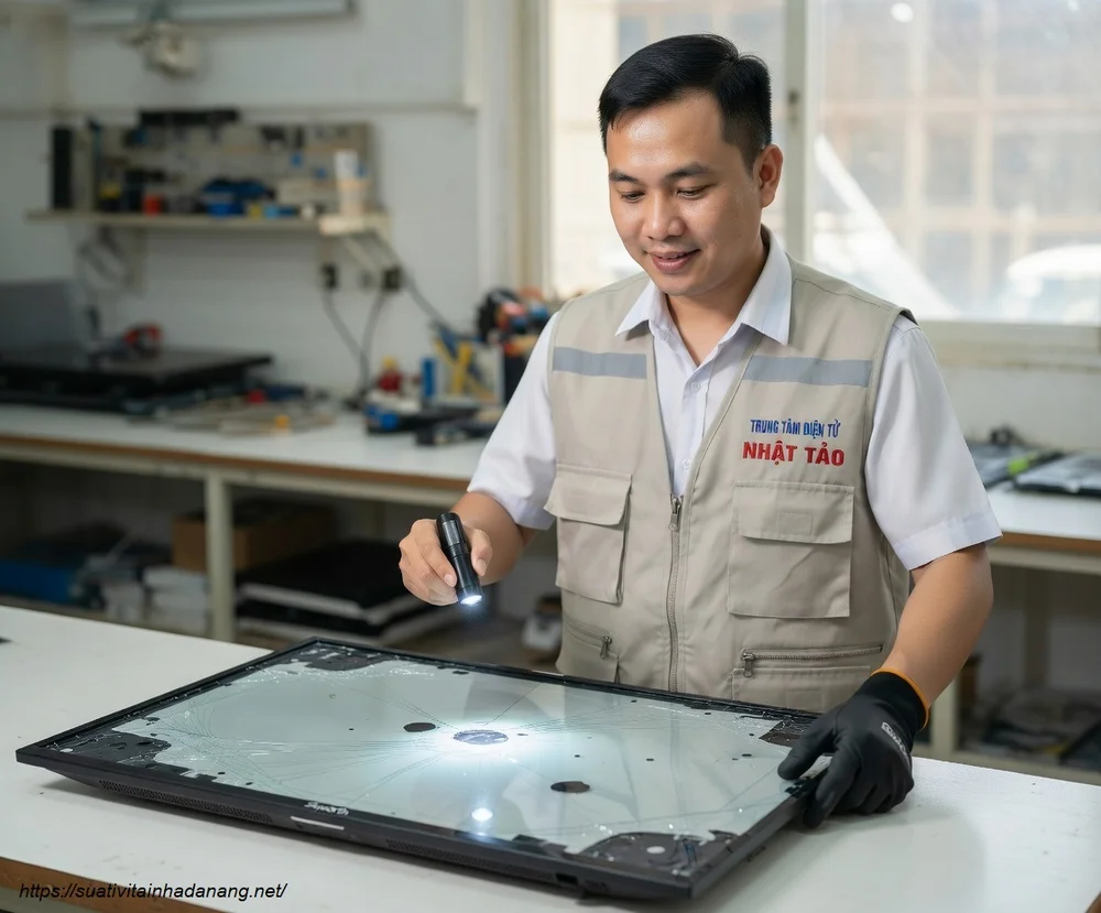 Kỹ thuật viên Nhật Tảo Center đang kiểm tra tấm nền tivi Skyworth bị vỡ để chuẩn bị thay thế