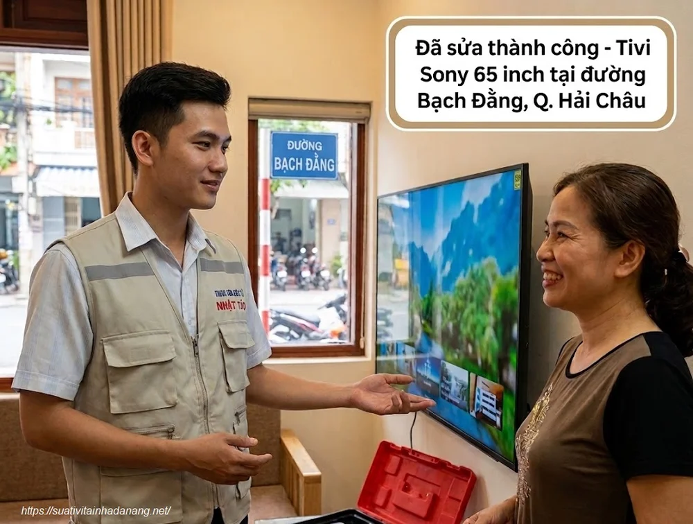 Kỹ thuật viên bàn giao tivi Sony sau khi sửa lỗi màn hình cho khách hàng tại quận Hải Châu, Đà Nẵng.