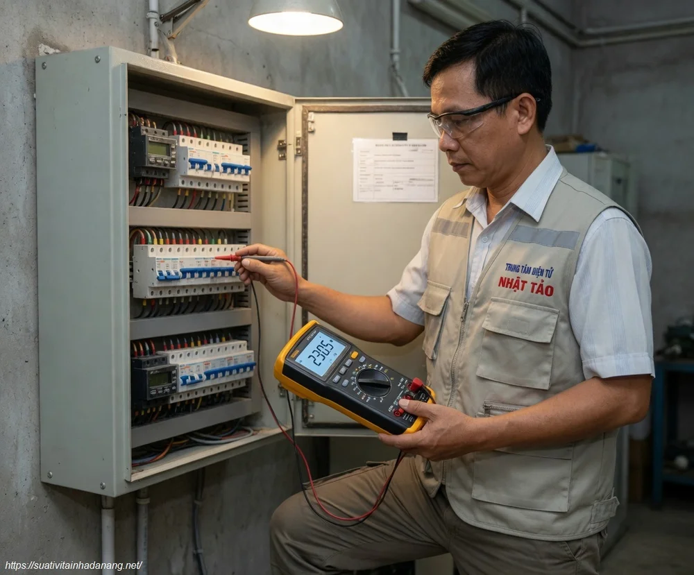 Kỹ thuật viên đang cầm đồng hồ vạn năng đo kiểm tra thông số trên hệ thống điện dân dụng
