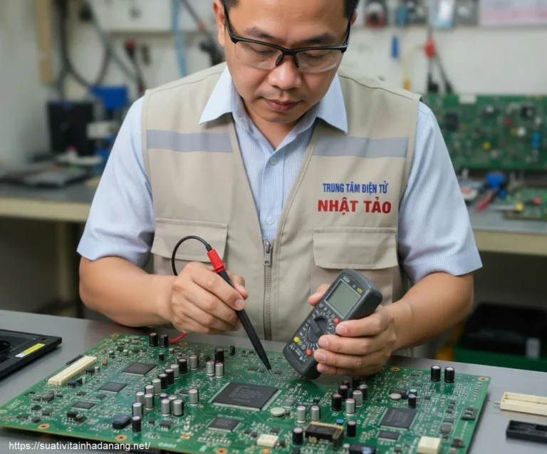 Kỹ thuật viên đang sử dụng đồng hồ vạn năng đo đạc trên bo mạch điện tử phức tạp