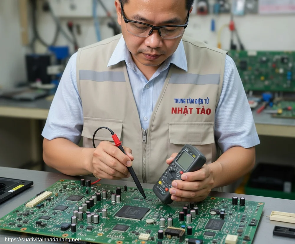 Kỹ thuật viên đang sử dụng đồng hồ vạn năng đo đạc trên bo mạch điện tử phức tạp