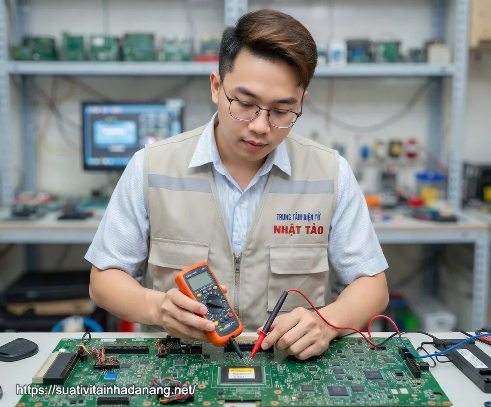 Kỹ thuật viên đang sử dụng đồng hồ vạn năng đo kiểm tra điện áp trên bo mạch Smart TV tại phòng kỹ thuật