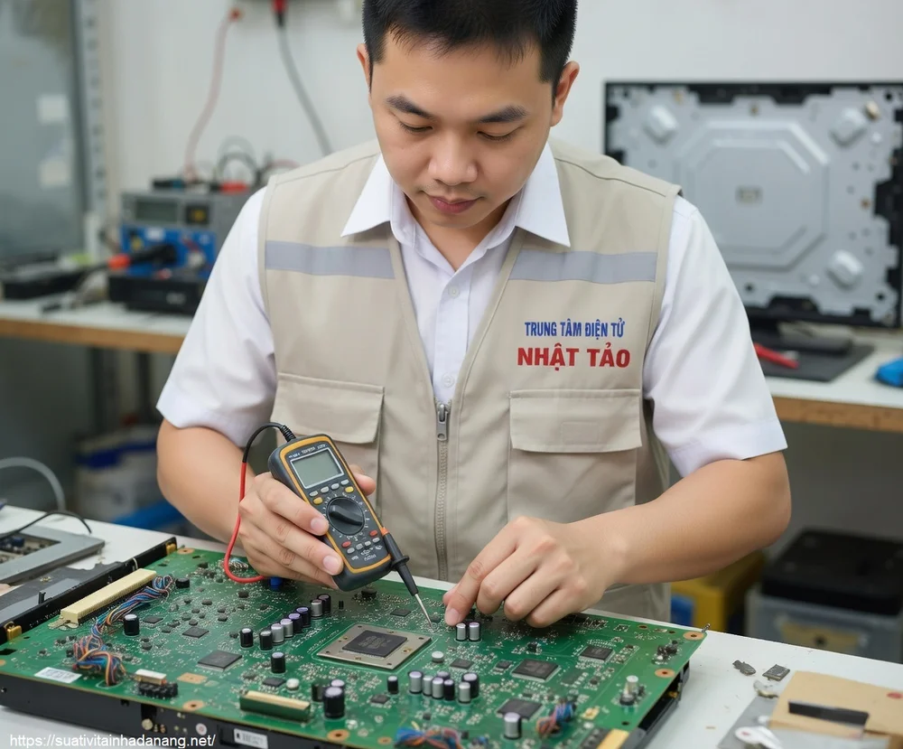 Kỹ thuật viên nhật tảo cẩn thận đo đạc linh kiện trên bo mạch tivi bằng đồng hồ vạn năng