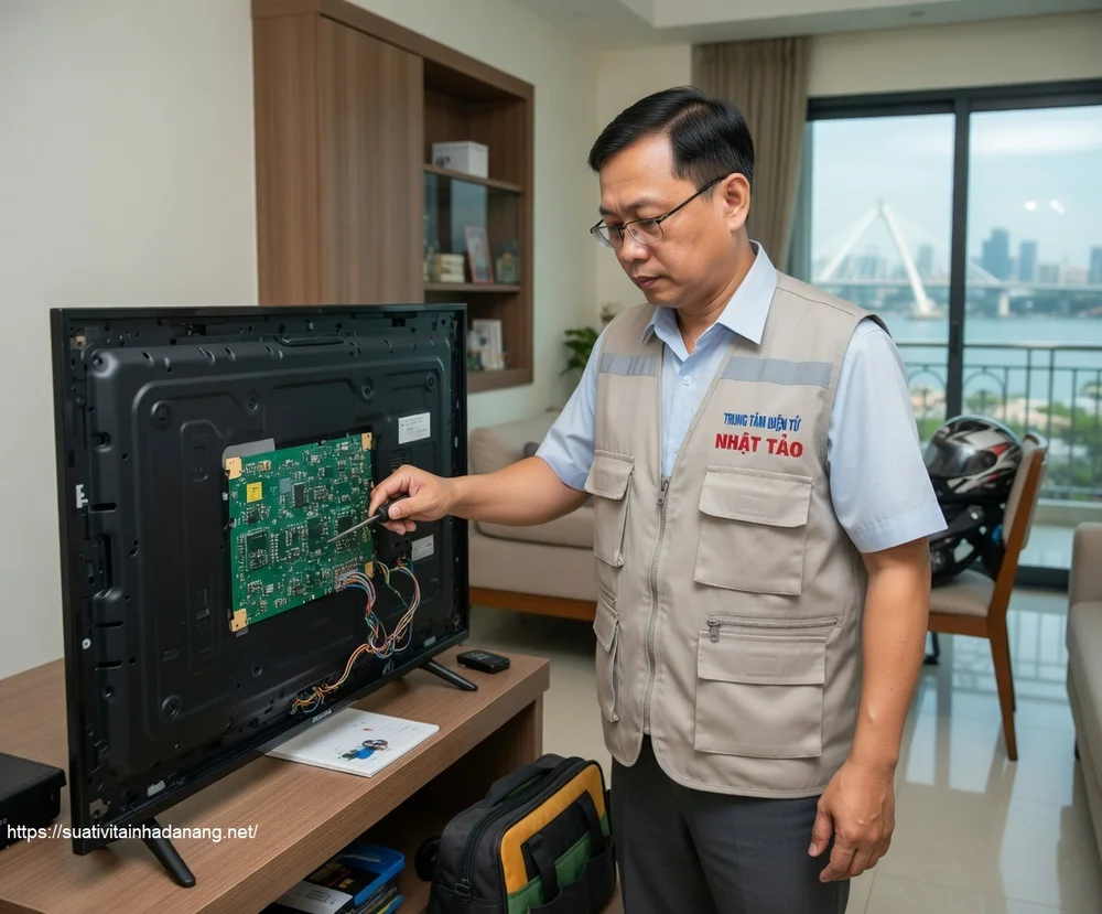 Kỹ thuật viên nhật tảo đang sửa tivi tại nhà khách hàng Đà Nẵng