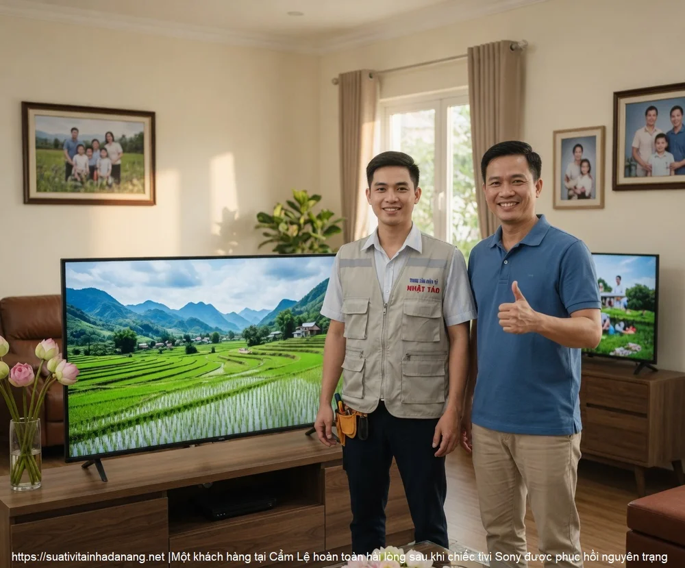 Một khách hàng tại Cẩm Lệ hoàn toàn hài lòng sau khi chiếc tivi Sony được phục hồi nguyên trạng