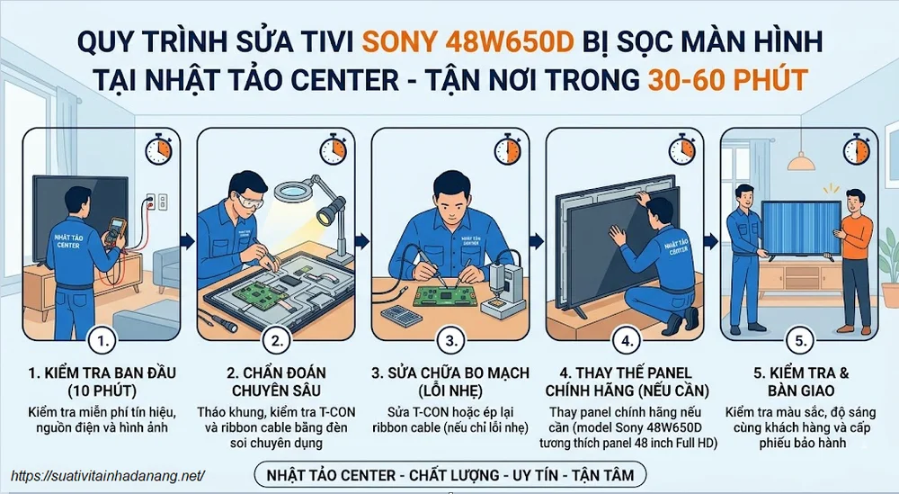 Quy trình chẩn đoán và sửa tivi Sony 48W650D bị sọc màn hình tại nhà của Nhật Tảo