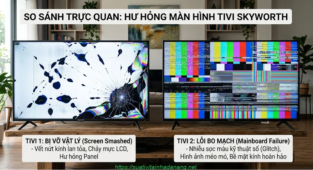 So sánh trực quan giữa màn hình tivi Skyworth bị vỡ vật lý và màn hình bị lỗi bo mạch