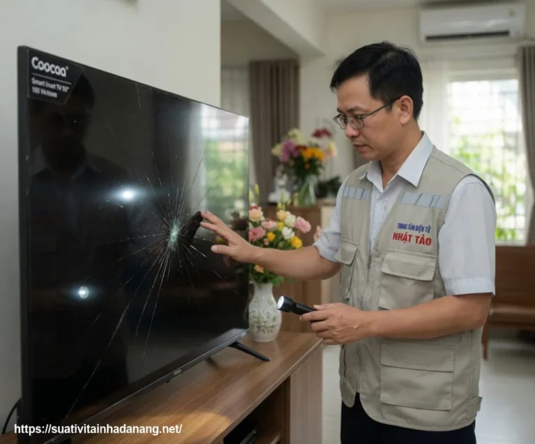 Kỹ thuật viên Nhật Tảo Center đang kiểm tra cận cảnh vết nứt trên màn hình tivi Coocaa 55 inch tại nhà khách hàng ở Đà Nẵng