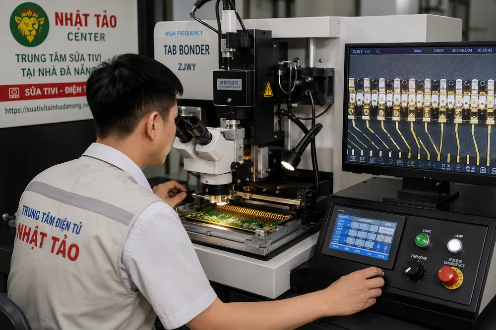 Kỹ thuật viên vận hành máy ép tab xung cao tần có màn hình hiển thị kính hiển vi điện tử để căn chỉnh các chân mạch mạ vàng