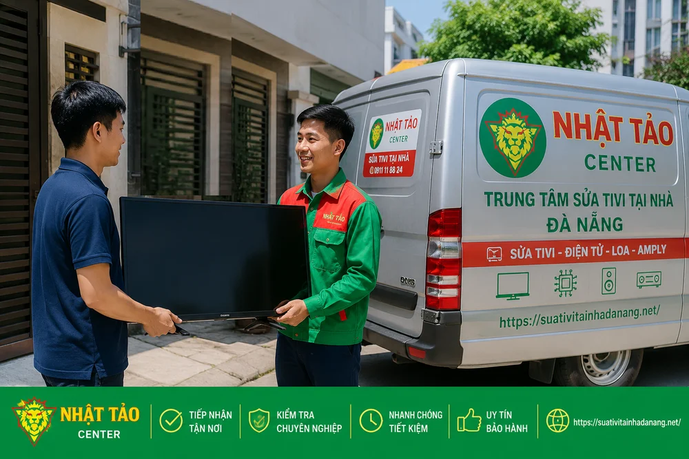 Xe dịch vụ lưu động và kỹ thuật viên Nhật Tảo Center tiếp nhận tivi từ khách hàng tại Đà Nẵng