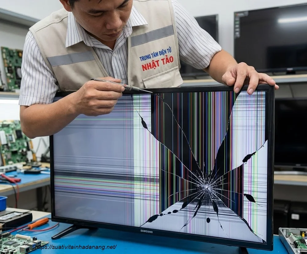 Thay Màn Hình Tivi Samsung UA43KU6000 Chính Hãng, Giá Tốt Tại Đà Nẵng 2 cận cảnh màn hình tivi Samsung UA43KU6000 bị sọc và nứt vỡ đang được kỹ thuật viên kiểm tra