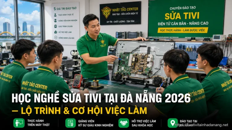 Lớp học nghề sửa tivi tại Đà Nẵng với giảng viên và học viên thực hành trên máy thật tại Nhật Tảo Center