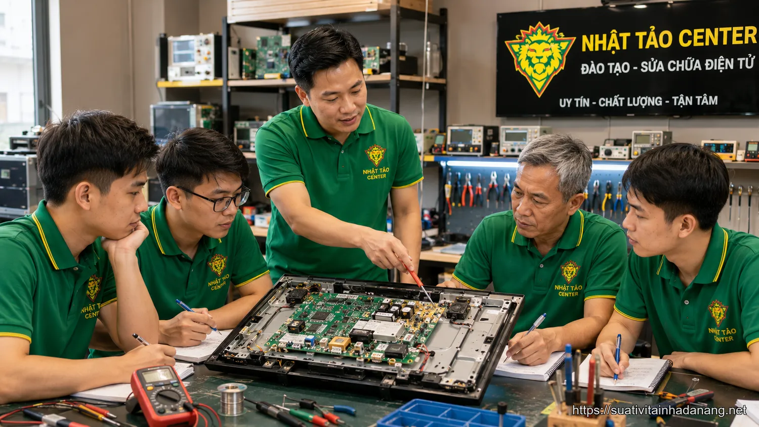 Giảng viên Nhật Tảo Center hướng dẫn học viên thực hành sửa tivi trong môi trường chuyên nghiệp tại Đà Nẵng
