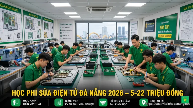 Lớp học sửa chữa điện tử tại Nhật Tảo Center Đà Nẵng với học viên thực hành trên tivi và bo mạch thật
