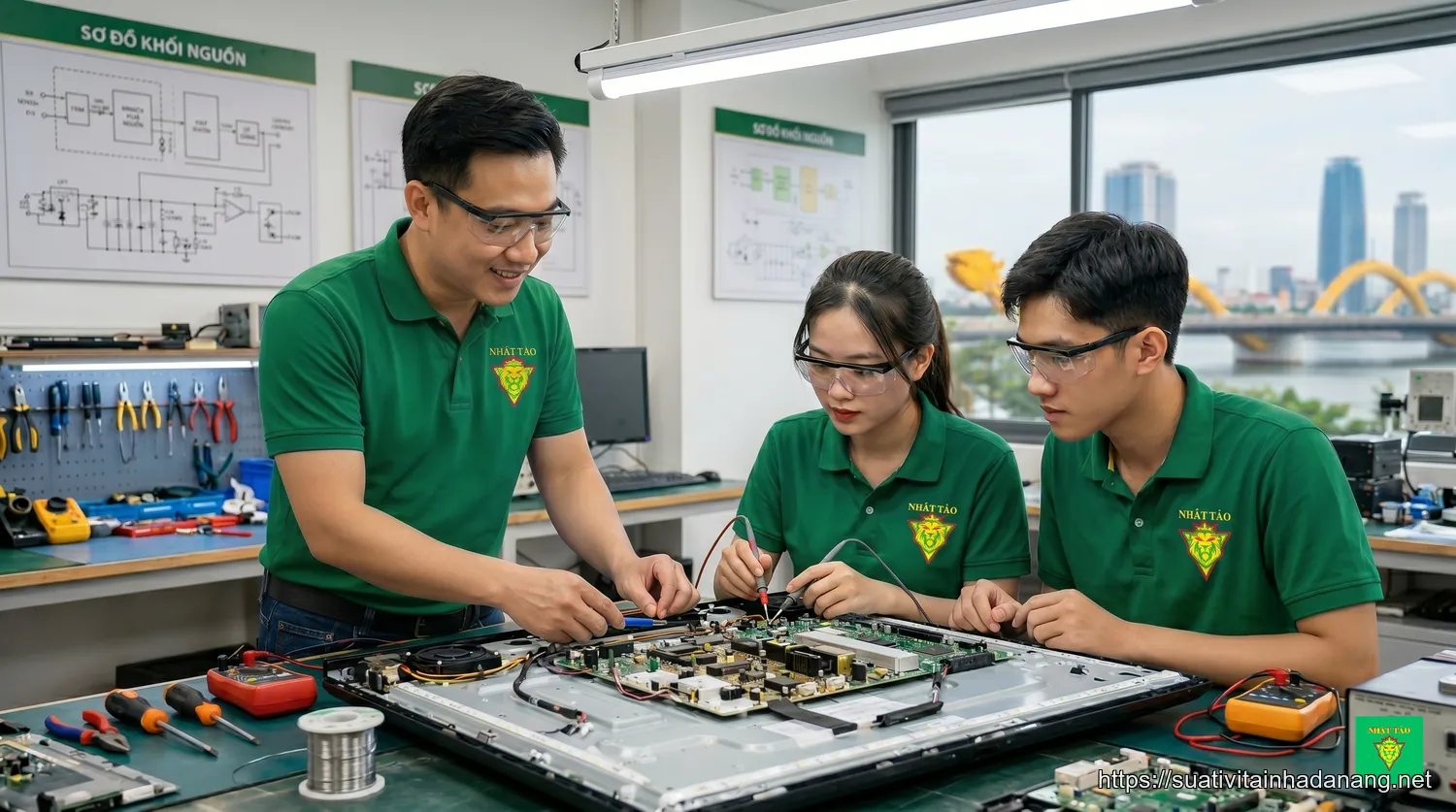 Kỹ sư Nhật Tảo Center hướng dẫn học viên thực hành sửa chữa tivi trên thiết bị thật