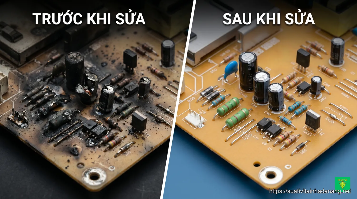 So sánh bo mạch tivi trước và sau khi sửa chữa chuyên nghiệp tại Nhật Tảo Center