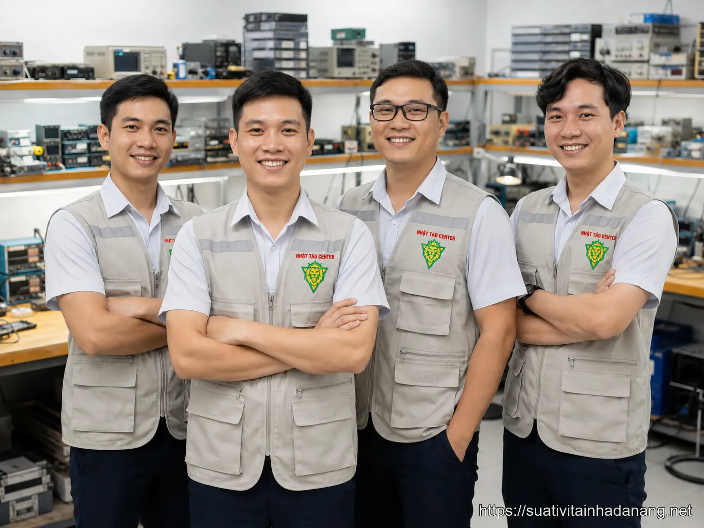 Đội ngũ kỹ thuật viên chuyên nghiệp của Nhật Tảo Center trong đồng phục của công ty.