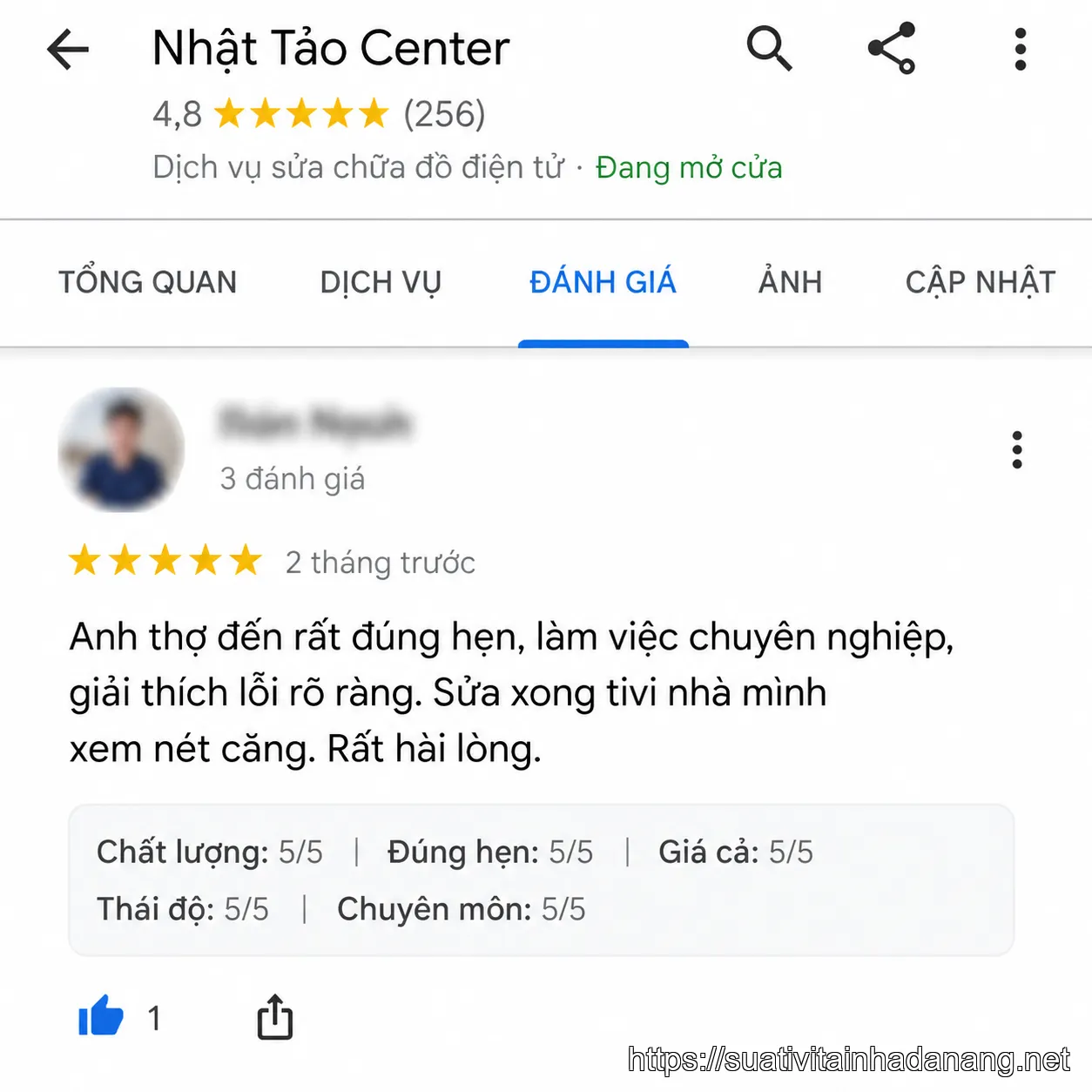 Đánh giá 5 sao của khách hàng về sự đúng hẹn và chuyên nghiệp của kỹ thuật viên Nhật Tảo Center.