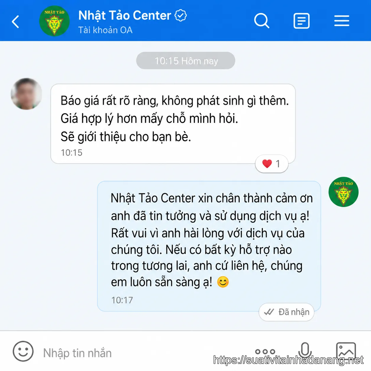 Tin nhắn Zalo của khách hàng khen ngợi Nhật Tảo Center có chi phí hợp lý và minh bạch.