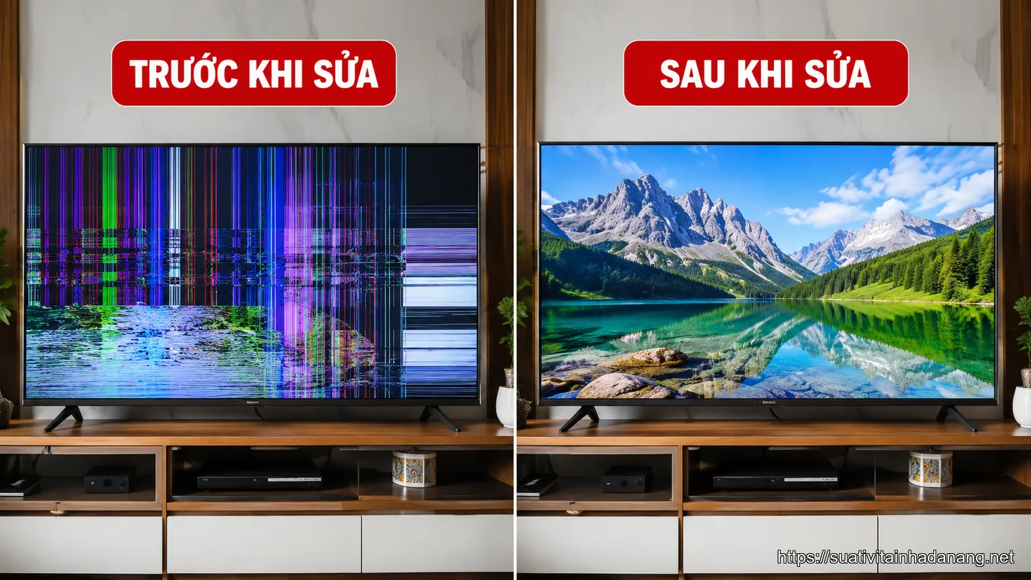 Hình ảnh so sánh trước và sau khi sửa tivi bị sọc màn hình tại Nhật Tảo Center.