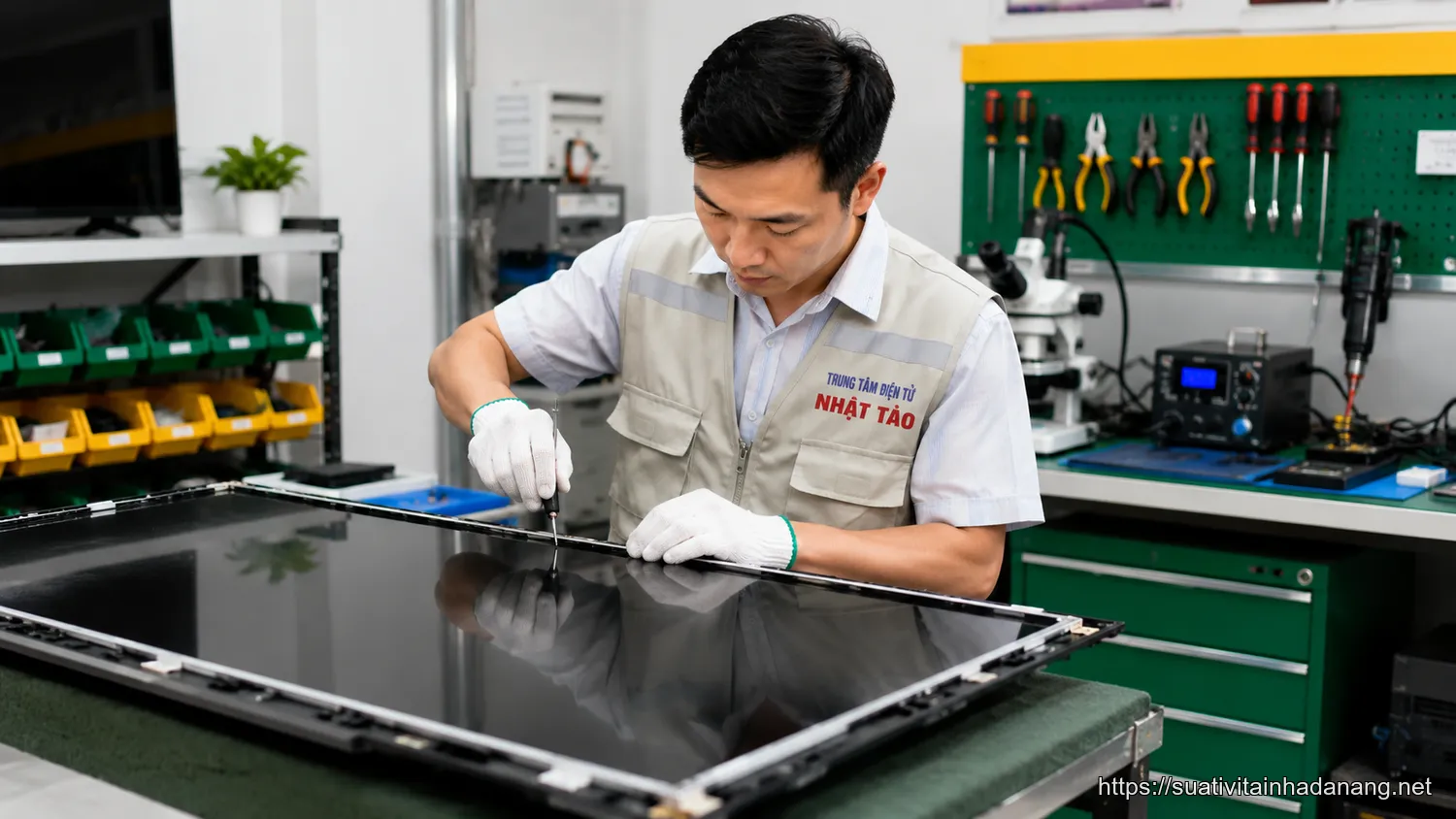 Kỹ thuật viên Nhật Tảo Center thay màn hình tivi trong xưởng kỹ thuật chuyên nghiệp