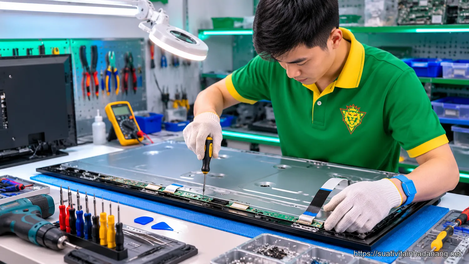 Kỹ thuật viên Nhật Tảo Center thay màn hình tivi Samsung trong môi trường kỹ thuật chuyên nghiệp