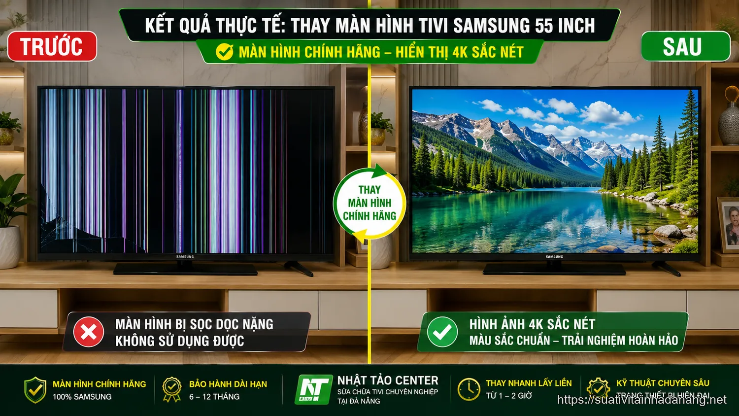So sánh trước và sau khi thay màn hình tivi Samsung bị sọc nặng tại Nhật Tảo Center Đà Nẵng
