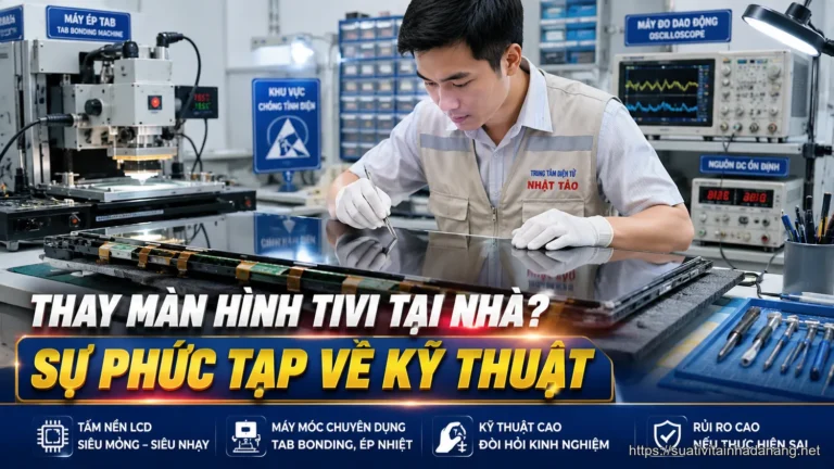 Kỹ thuật viên đang thao tác trên tấm nền tivi phức tạp tại xưởng chuyên nghiệp.