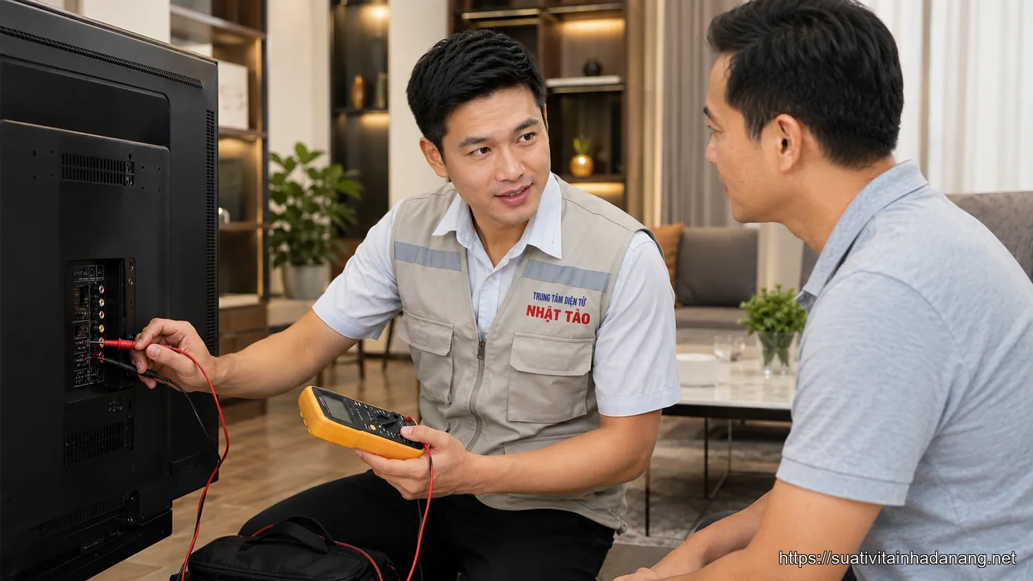 Kỹ thuật viên của Nhật Tảo Center đang kiểm tra tivi và tư vấn cho khách hàng tại nhà.