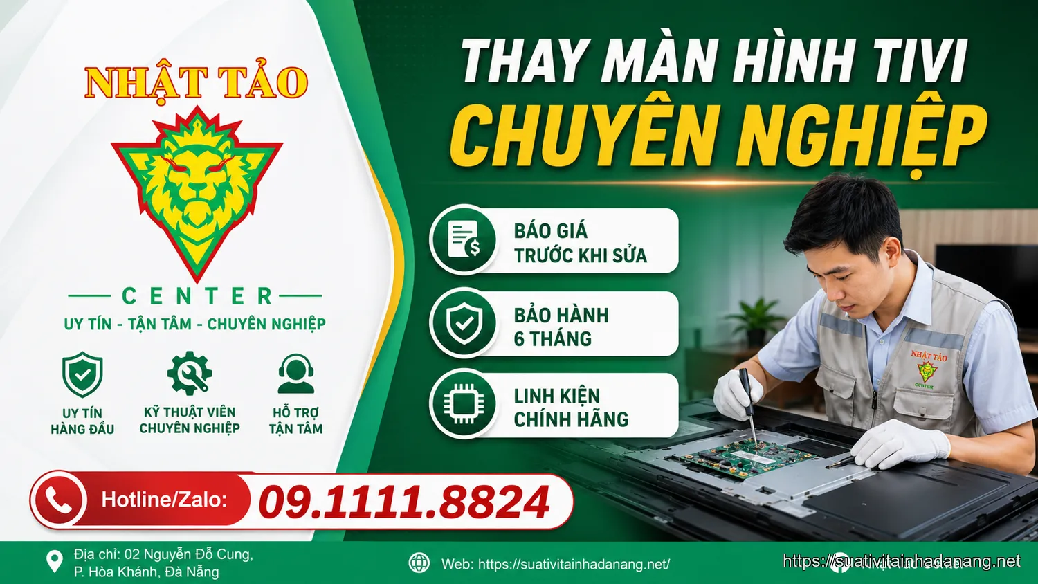 Banner quảng cáo dịch vụ thay màn hình tivi chuyên nghiệp của Nhật Tảo Center.