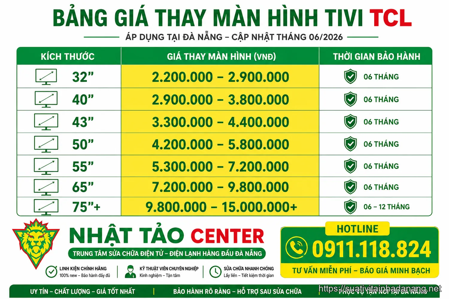 Bảng giá thay màn hình tivi TCL tại Đà Nẵng theo kích thước năm 2026 của Nhật Tảo Center