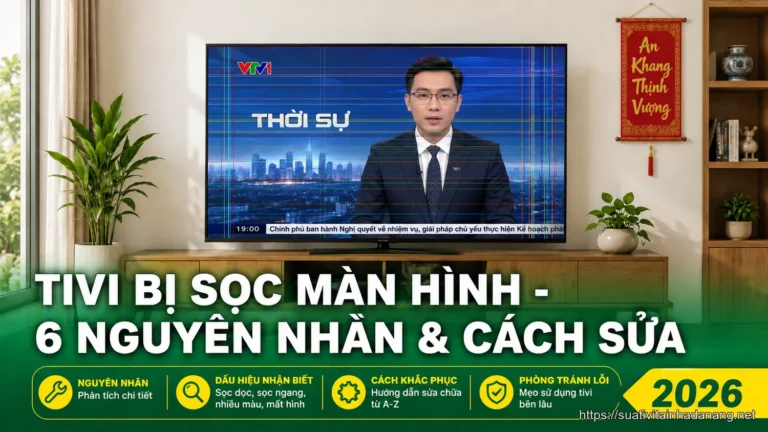 Tivi bị sọc màn hình với các đường sọc ngang và dọc hiển thị rõ ràng trên màn hình LED