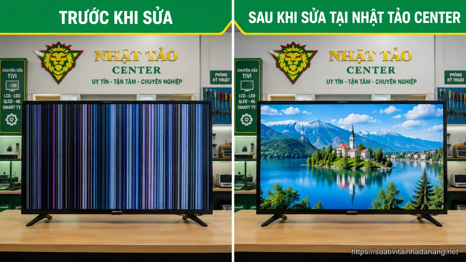 So sánh tivi Samsung bị sọc màn hình trước và sau khi sửa chữa tại Nhật Tảo Center Đà Nẵng