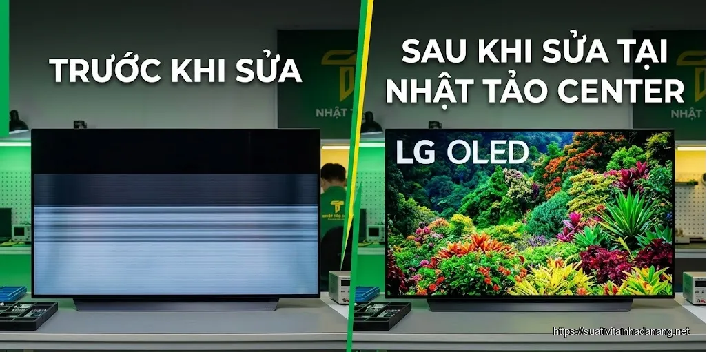 So sánh tivi LG bị sọc ngang trước và sau khi được sửa chữa tại Nhật Tảo Center Đà Nẵng