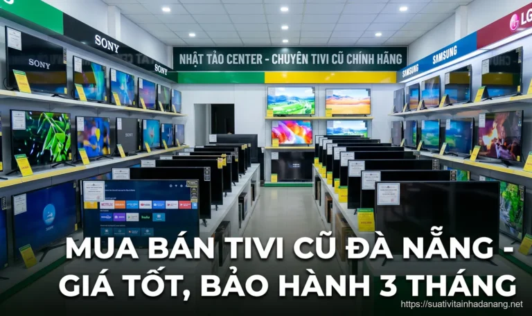 Kho tivi cũ Sony Samsung LG tại Nhật Tảo Center Đà Nẵng được xếp ngăn nắp có tem kiểm định