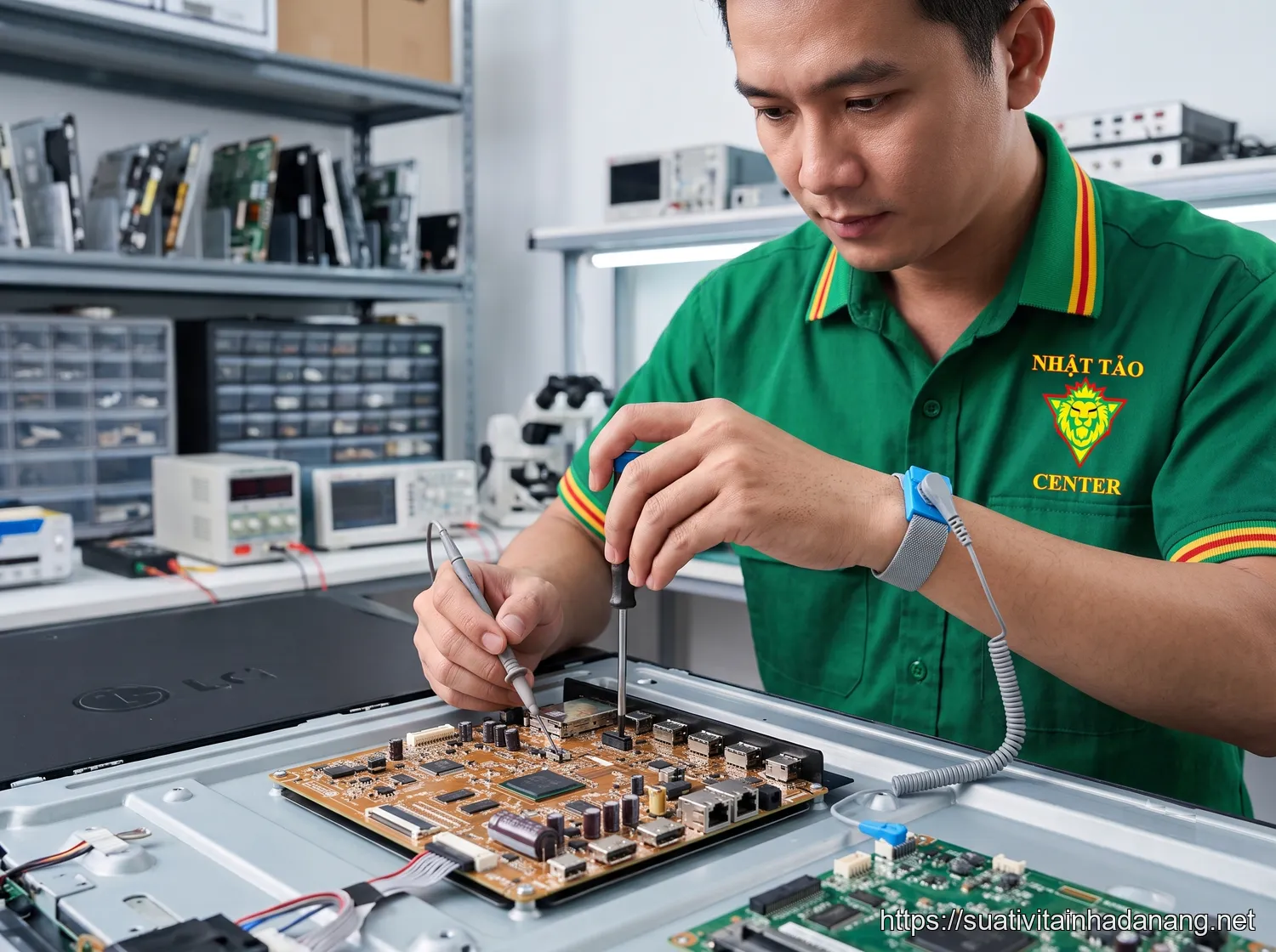 Kỹ thuật viên của Nhật Tảo Center đang chuyên nghiệp thay màn hình tivi LG tại Đà Nẵng.
