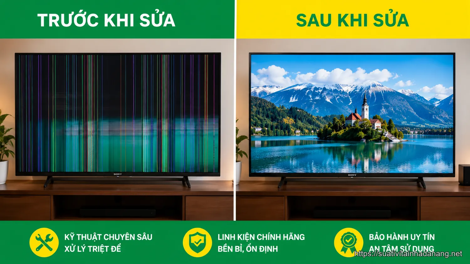 Màn hình tivi Sony bị sọc dọc trước và sau khi được sửa tại Nhật Tảo Center Cẩm Lệ