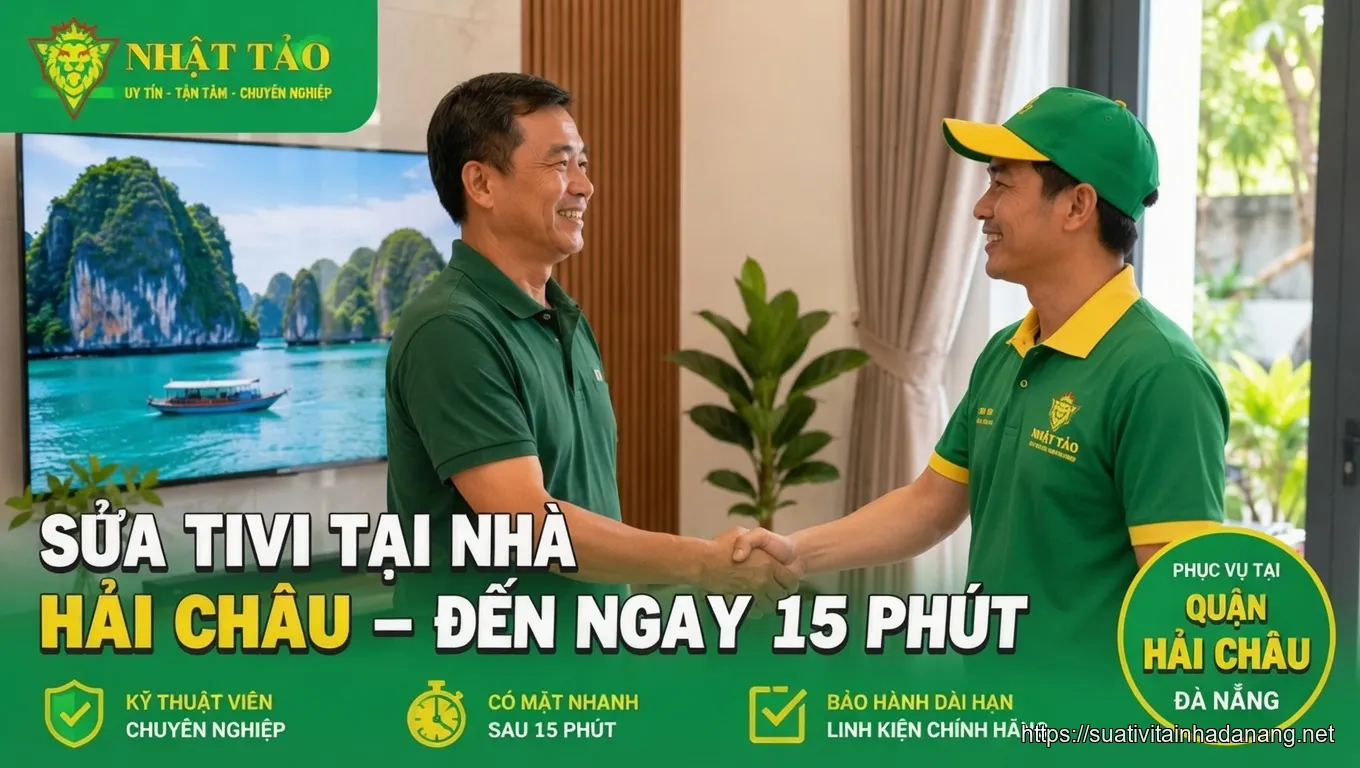 Khách hàng tại Hải Châu bắt tay hài lòng với kỹ thuật viên Nhật Tảo Center sau khi sửa tivi