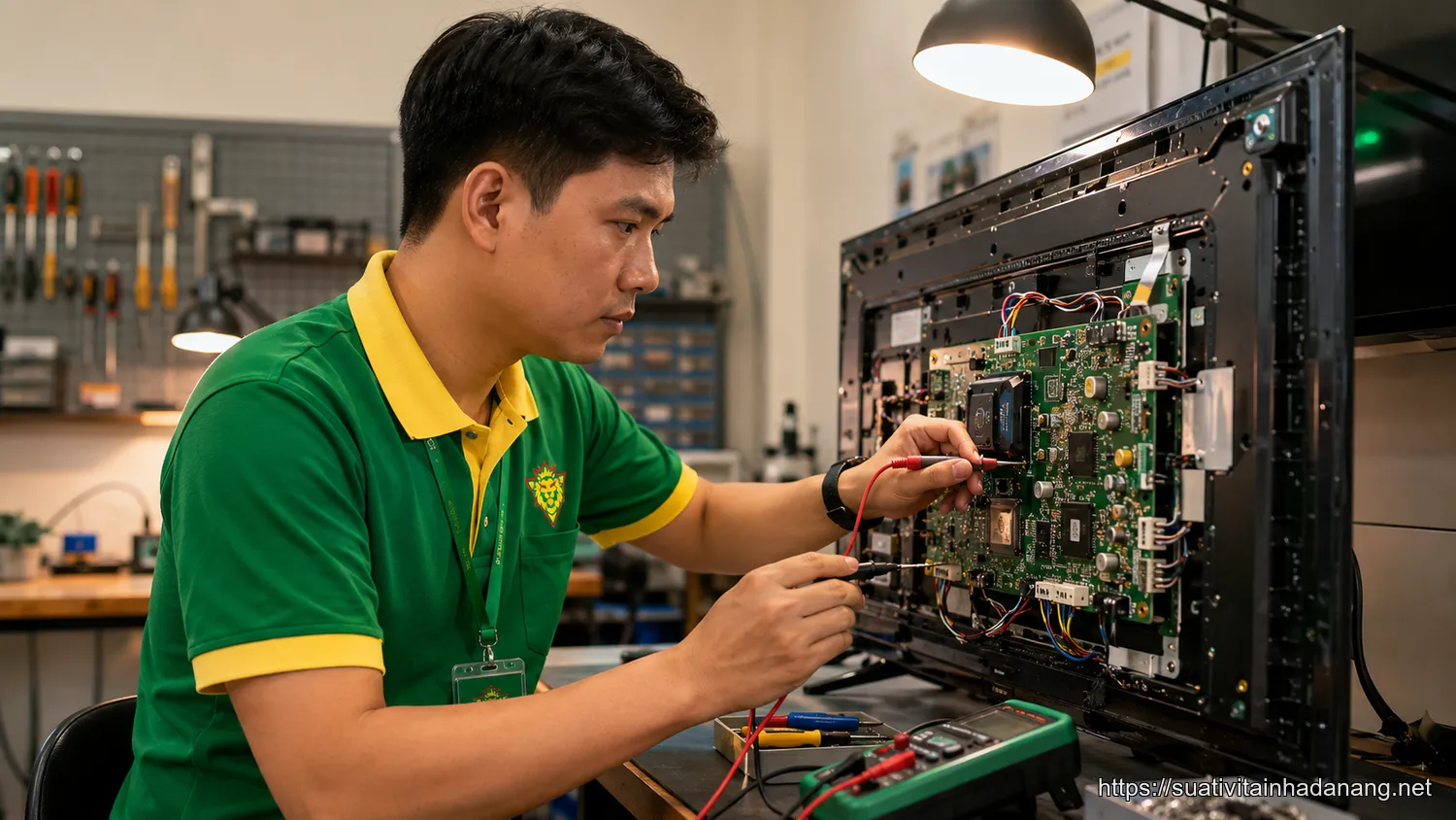 Kỹ thuật viên Nhật Tảo Center kiểm tra bo mạch tivi chuyên nghiệp tại xưởng Đà Nẵng