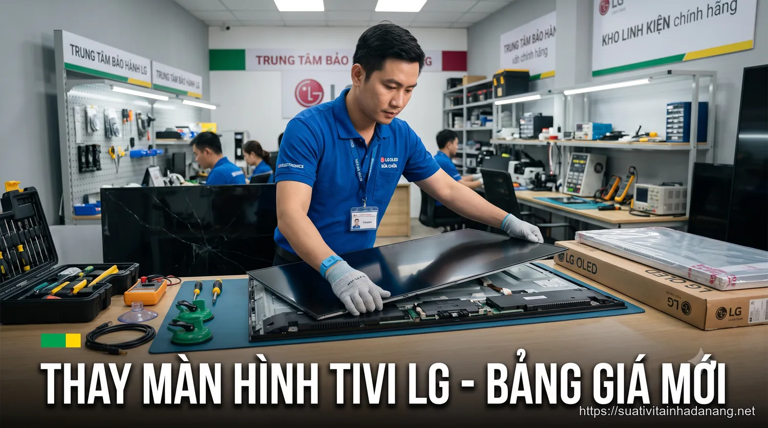 Thay Màn Hình Tivi LG: Bảng Giá Chi Tiết 2026 & Khi Nào Nên Thay? 1 Kỹ thuật viên thay màn hình tivi LG tại trung tâm sửa chữa chuyên nghiệp Đà Nẵng